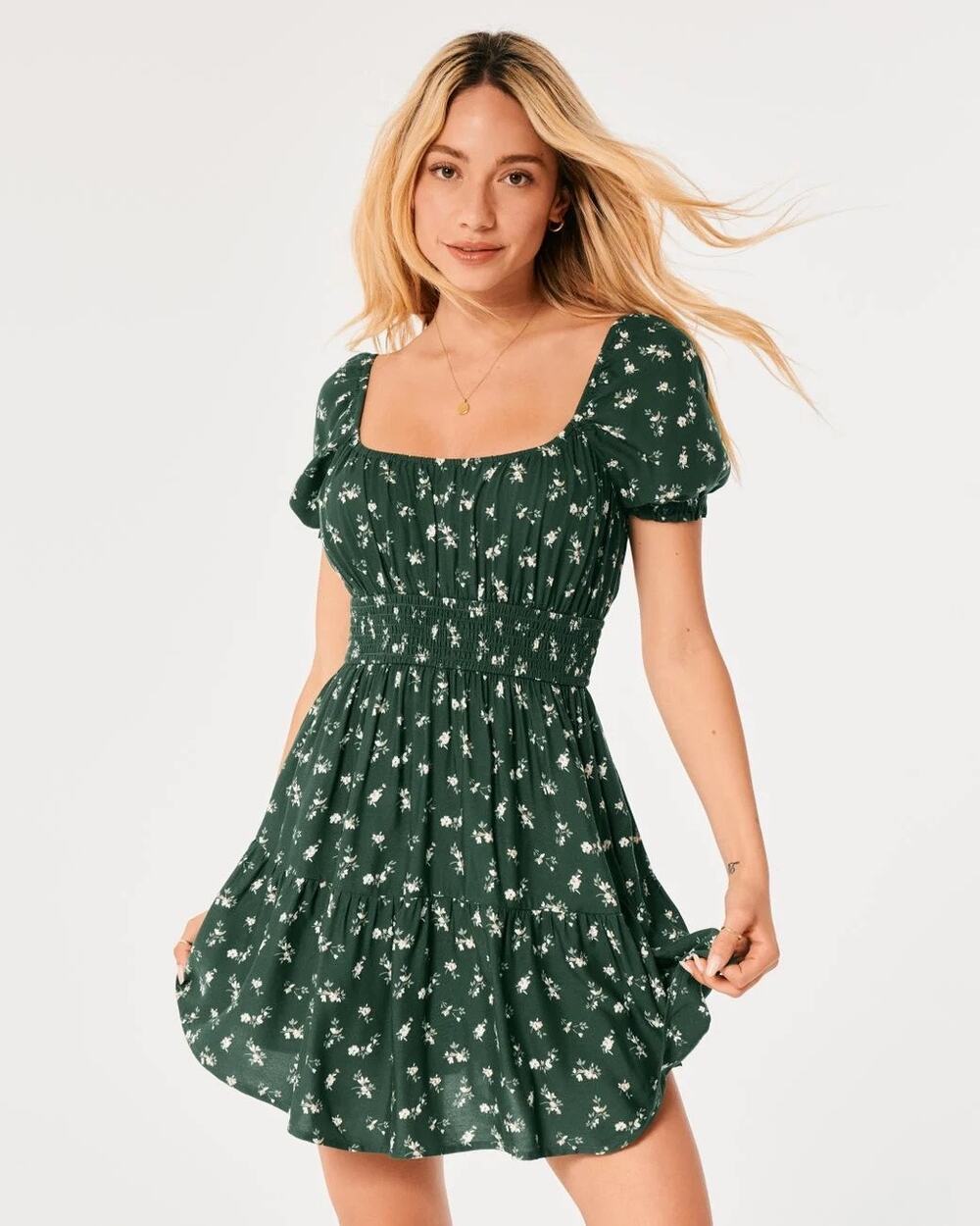 Hollister Saidie Skort Dress romper smocked waist green ditsy floral print